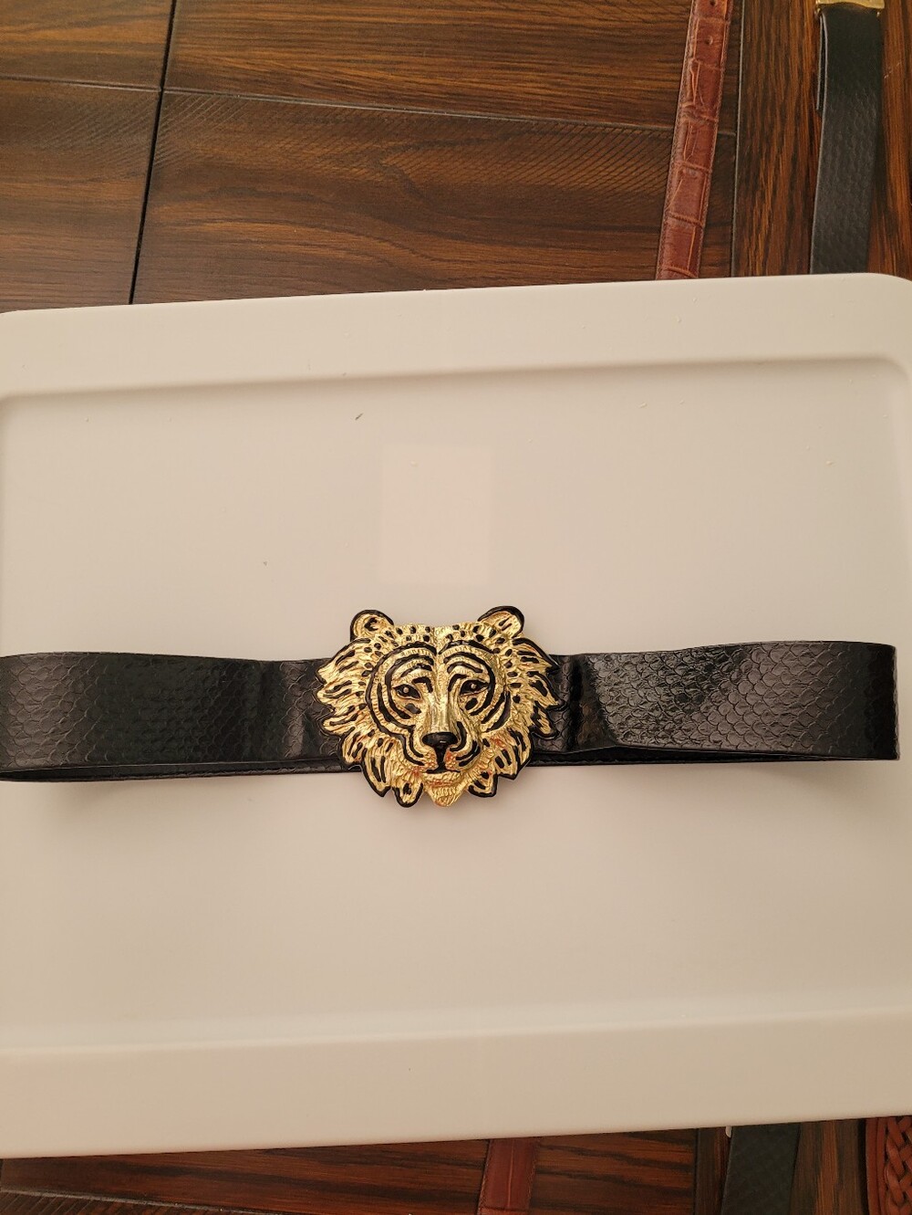 Vtg Mimi Di 1987 Lion Head Belt Buckle Removable belt Black Gold Lux Animal - Picture 2 of 16